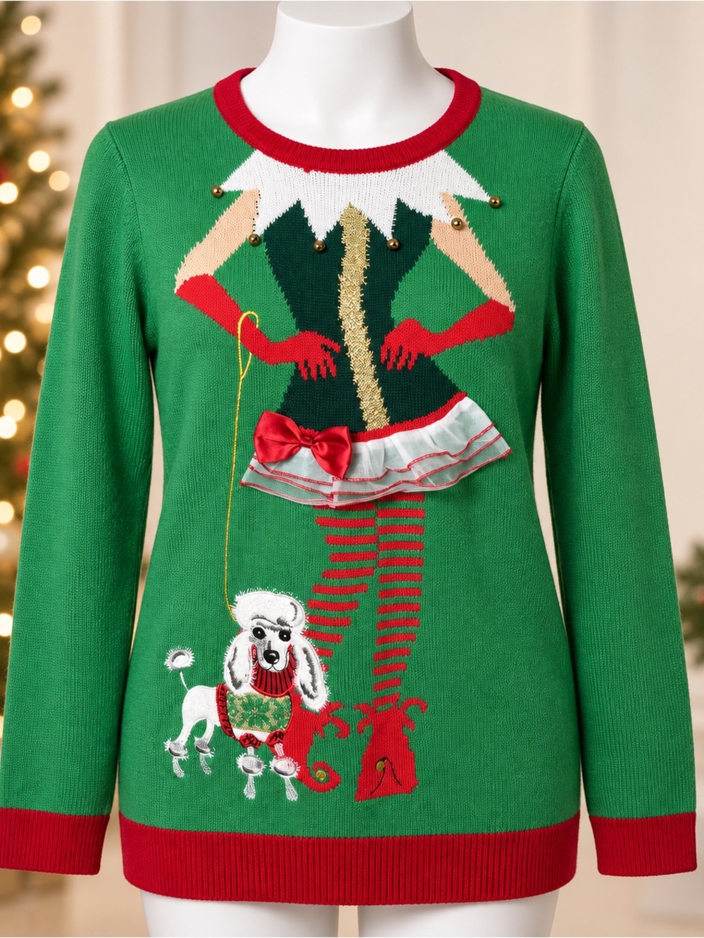 Holiday Time Green Elf Costume Poodle Knit Sweater with Red Trim